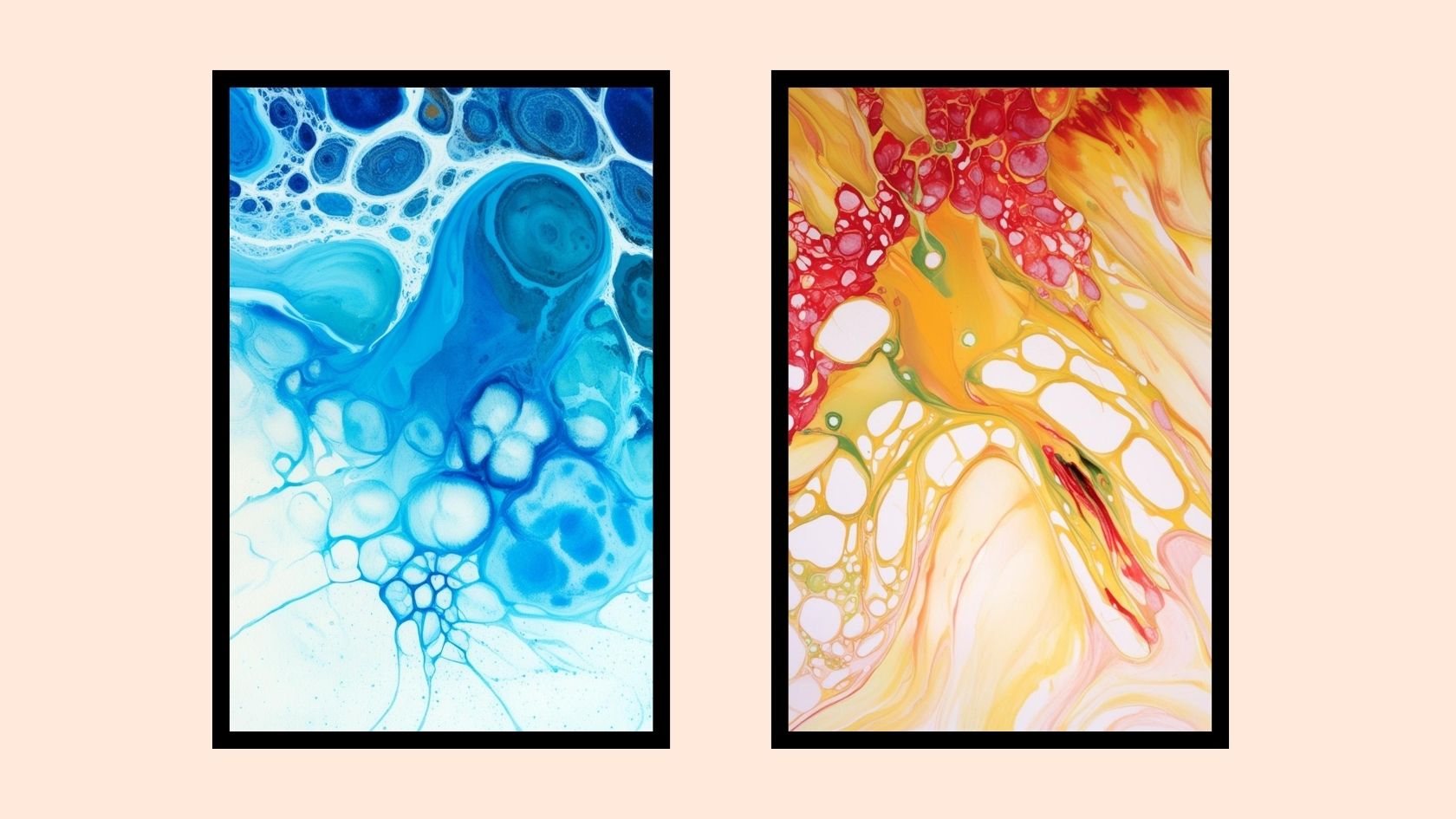 Abstract Fluid Art Diptych Wall Art Set (2 framed prints): contrasting blue and vibrant orange/red Pour Painting. Ideal Frames for Modern Bedroom Decor or Coastal interiors.