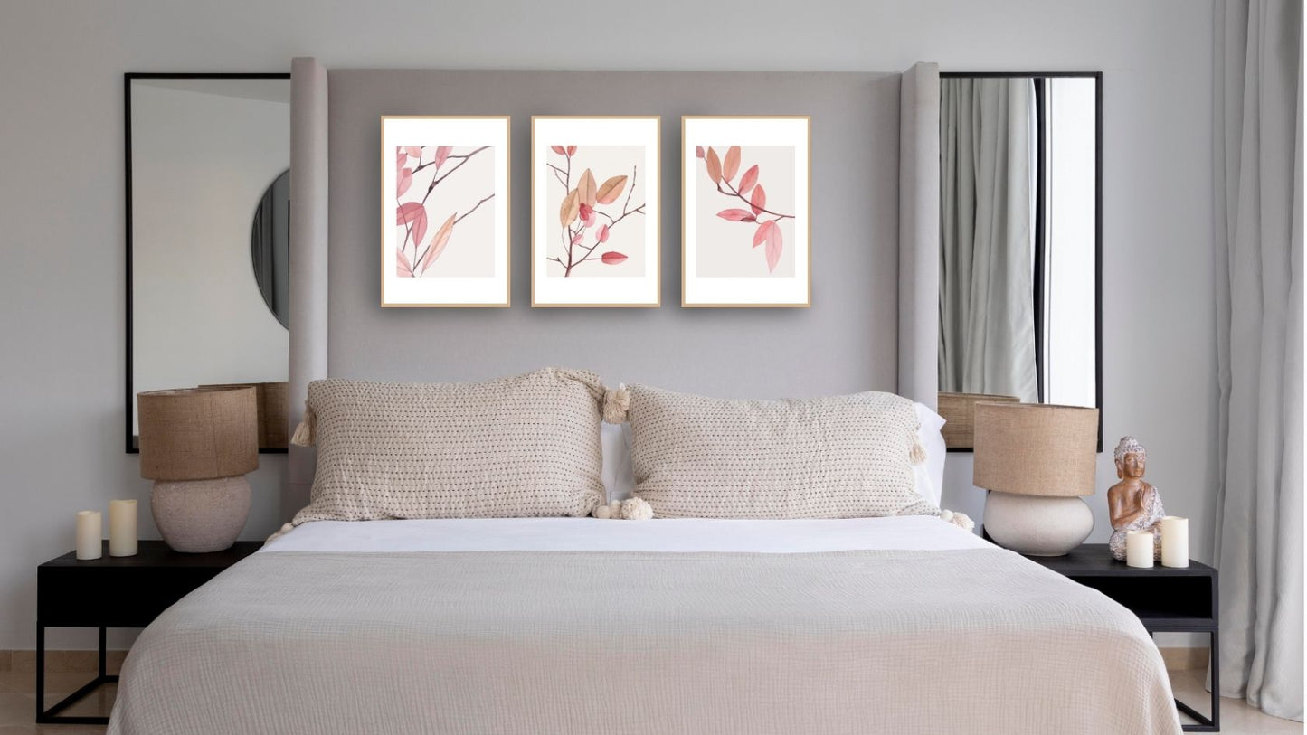 Minimalist Botanical Triptych Wall Art Set (3 prints) of delicate pink and rust-colored branches/leaves. Ideal for Boho or Scandinavian bedroom decor and oversize headboards.