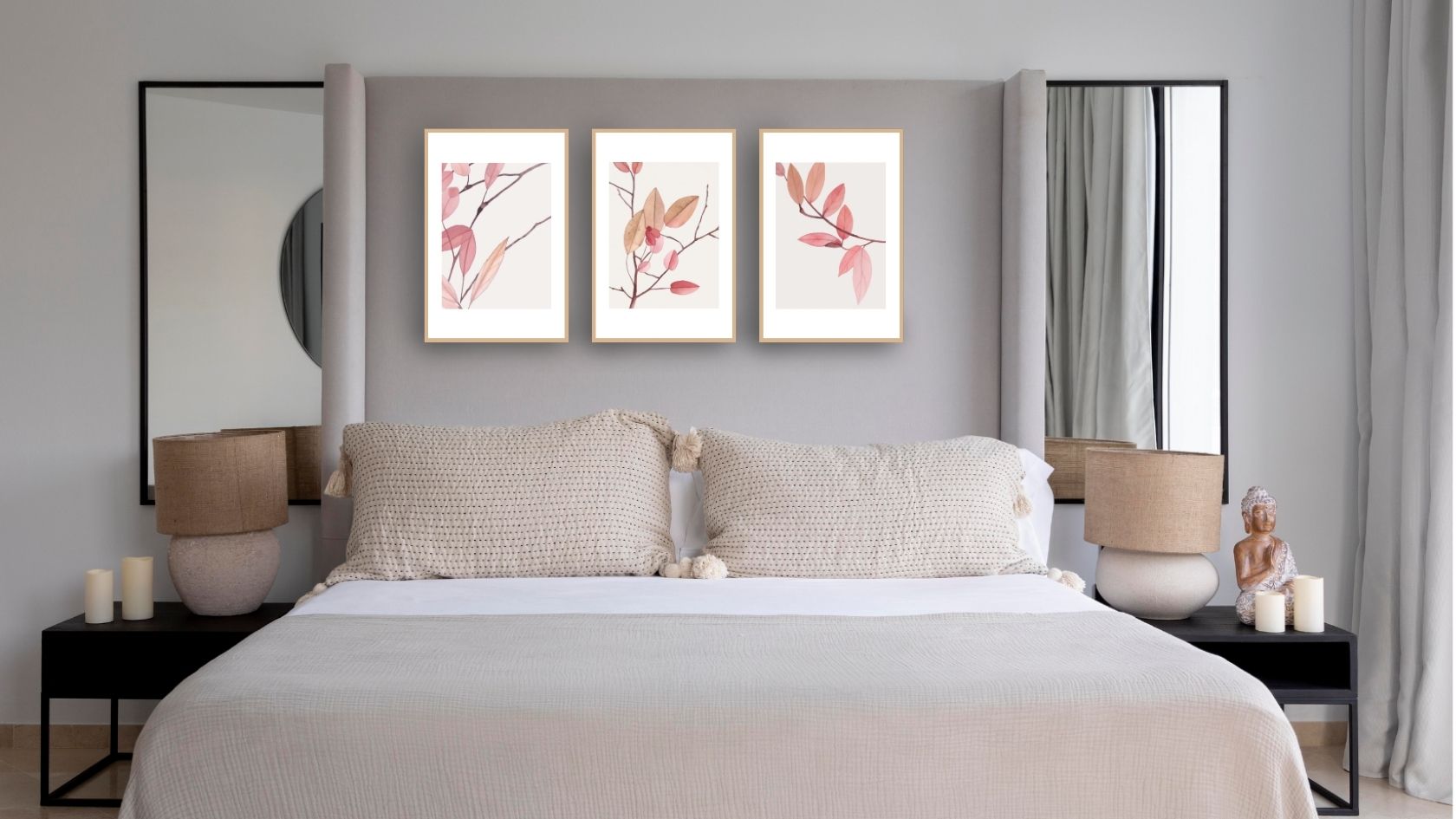Minimalist Botanical Triptych Wall Art Set (3 prints) of delicate pink and rust-colored branches/leaves. Ideal for Boho or Scandinavian bedroom decor and oversize headboards.