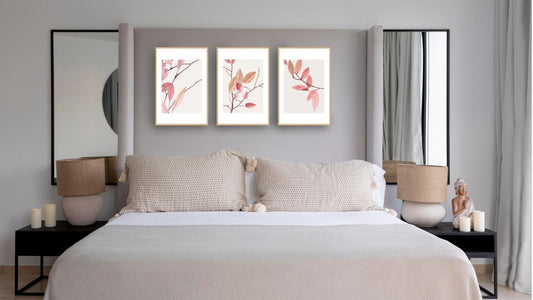 Minimalist Botanical Triptych Wall Art Set (3 prints) of delicate pink and rust-colored branches/leaves. Ideal for Boho or Scandinavian bedroom decor and oversize headboards.