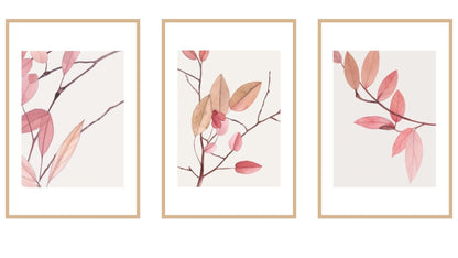 Minimalist Botanical Triptych Wall Art Set (3 prints) of delicate pink and rust-colored branches/leaves. Ideal for Boho or Scandinavian bedroom decor and oversize headboards.