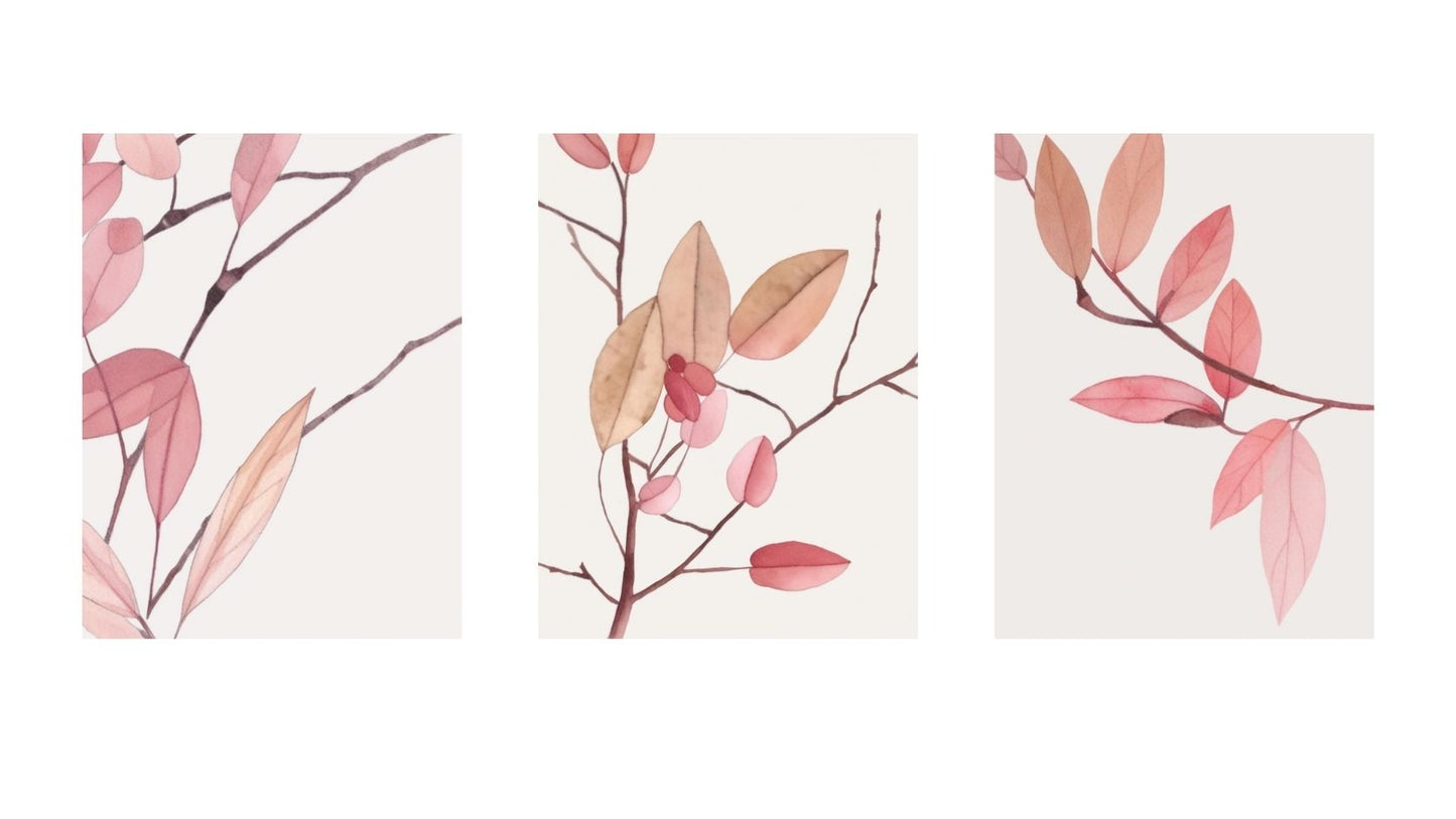 Minimalist Botanical Triptych Wall Art Set (3 prints) of delicate pink and rust-colored branches/leaves.