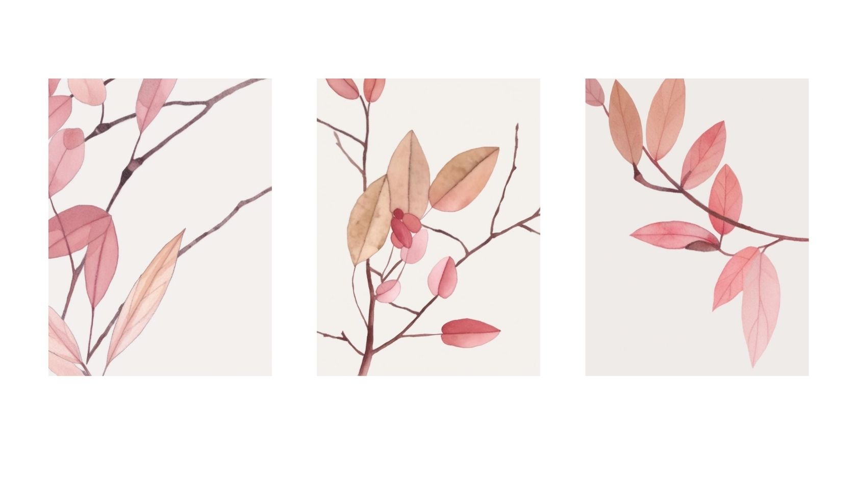 Minimalist Botanical Triptych Wall Art Set (3 prints) of delicate pink and rust-colored branches/leaves.
