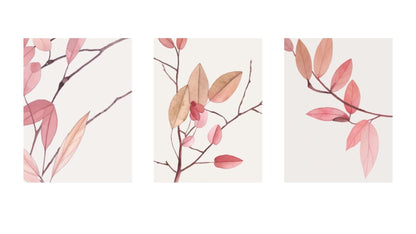Minimalist Botanical Triptych Wall Art Set (3 prints) of delicate pink and rust-colored branches/leaves.