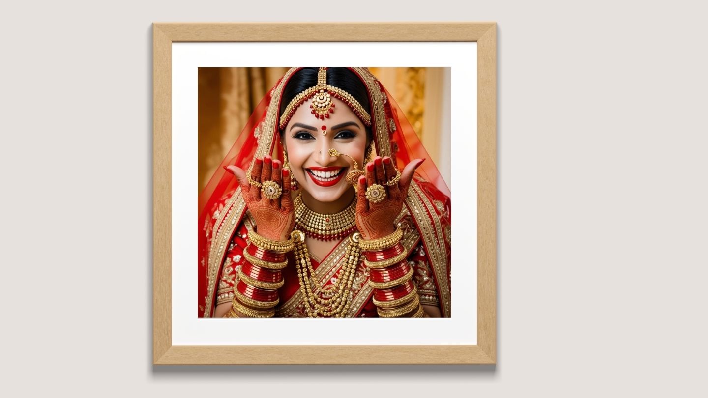 Indian Culture Diptych Wall Art Set: Portrait of a happy Indian Bride in red Sari and. Perfect Boho art for Bedroom Decor.