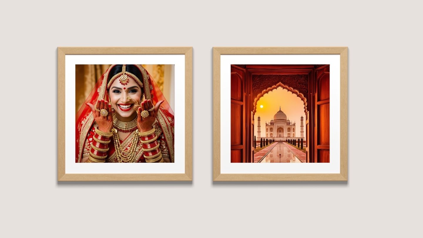 Indian Culture Diptych Wall Art Set: Portrait of a happy Indian Bride in red Sari and a majestic sunset view of the Taj Mahal. Perfect Boho Frames for Bedroom Decor.