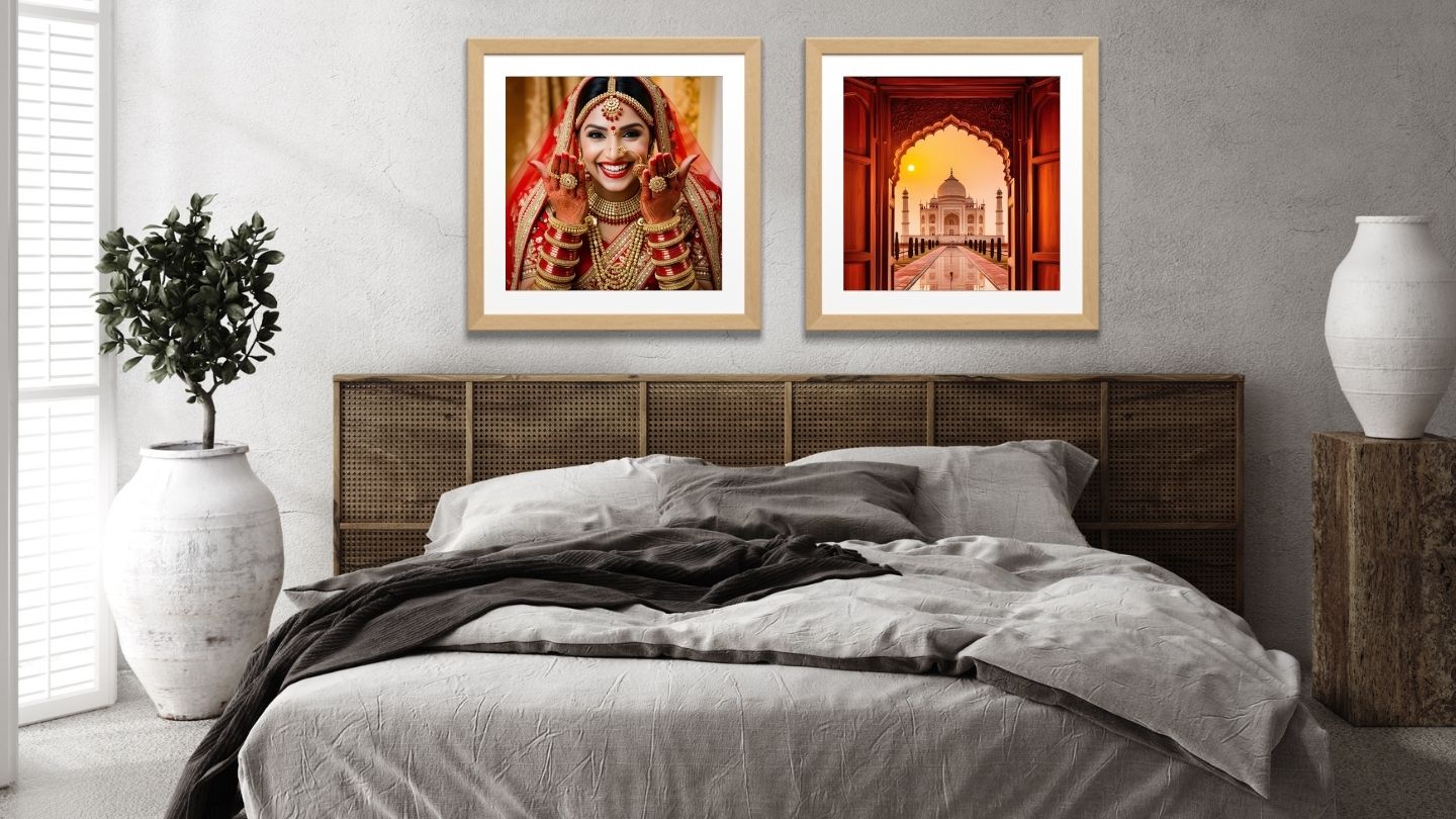 Indian Culture Diptych Wall Art Set: Portrait of a happy Indian Bride in red Sari and a majestic sunset view of the Taj Mahal. Perfect Boho Bedroom Decor.
