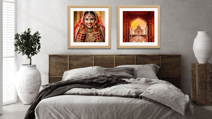 Indian Culture Diptych Wall Art Set: Portrait of a happy Indian Bride in red Sari and a majestic sunset view of the Taj Mahal. Perfect Boho Bedroom Decor.