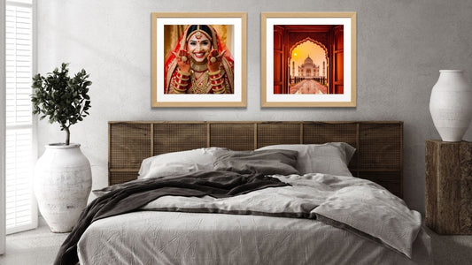 Indian Culture Diptych Wall Art Set: Portrait of a happy Indian Bride in red Sari and a majestic sunset view of the Taj Mahal. Perfect Boho Bedroom Decor.