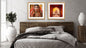 Indian Culture Diptych Wall Art Set: Portrait of a happy Indian Bride in red Sari and a majestic sunset view of the Taj Mahal. Perfect Boho Bedroom Decor.