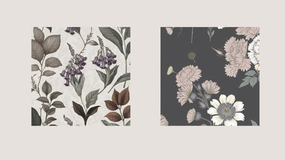 Contrasting Botanical Diptych Wall Art Set (2 framed prints). One features light florals on a dark background, the other dark florals on a light background. Perfect Art  For Bedroom Decor trend.