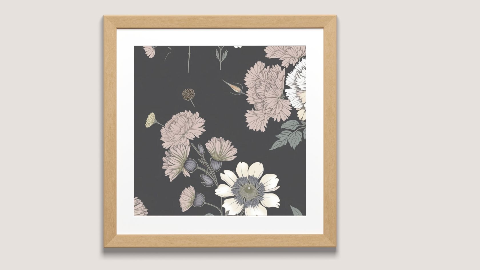Contrasting Botanical Wall Art (Framed print). Features light florals on a dark background. Perfect Art Frame For Bedroom Decor trend.