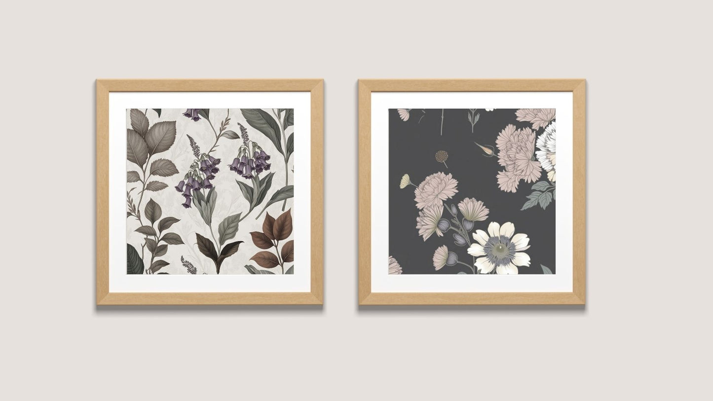 Contrasting Botanical Diptych Wall Art Set (2 framed prints). One features light florals on a dark background, the other dark florals on a light background. Perfect Art  Frames For Bedroom Decor trend.