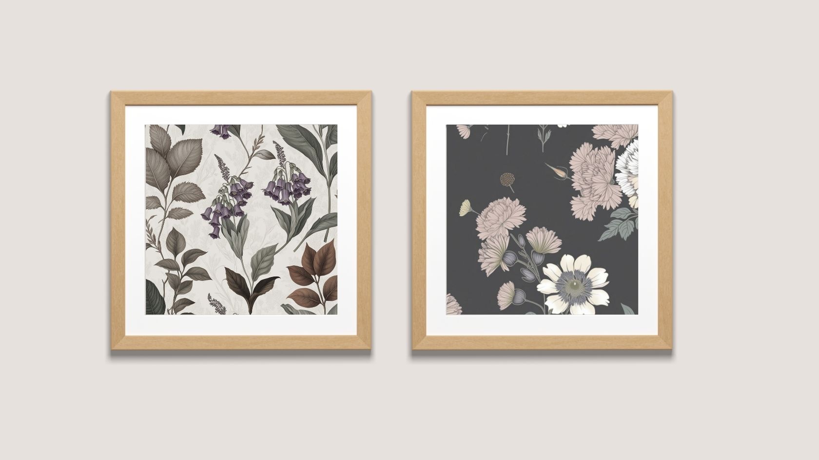 Contrasting Botanical Diptych Wall Art Set (2 framed prints). One features light florals on a dark background, the other dark florals on a light background. Perfect Art  Frames For Bedroom Decor trend.
