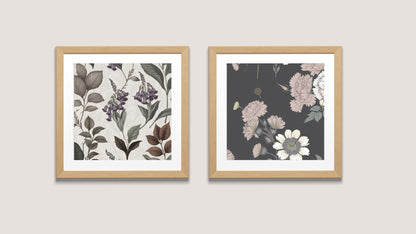 Contrasting Botanical Diptych Wall Art Set (2 framed prints). One features light florals on a dark background, the other dark florals on a light background. Perfect Art  Frames For Bedroom Decor trend.