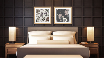 Contrasting Botanical Diptych Wall Art Set (2 framed prints). One features light florals on a dark background, the other dark florals on a light background. Perfect Bedroom Decor trend.