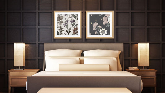 Contrasting Botanical Diptych Wall Art Set (2 framed prints). One features light florals on a dark background, the other dark florals on a light background. Perfect Bedroom Decor trend.