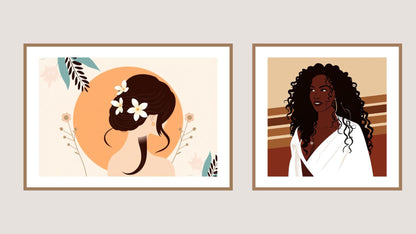 Afrocentric Diptych Wall Art Set (2 framed prints). Features Minimalist and Bohemian female portraits with floral accents. Perfect Frames For Bedroom Decor for modern interiors.