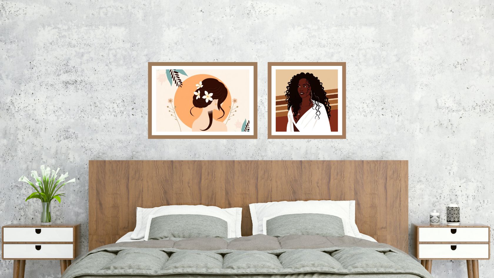 Afrocentric Diptych Wall Art Set (2 framed prints). Features Minimalist and Bohemian female portraits with floral accents. Perfect Bedroom Decor for modern interiors.