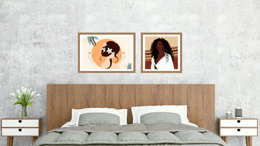 Afrocentric Diptych Wall Art Set (2 framed prints). Features Minimalist and Bohemian female portraits with floral accents. Perfect Bedroom Decor for modern interiors.