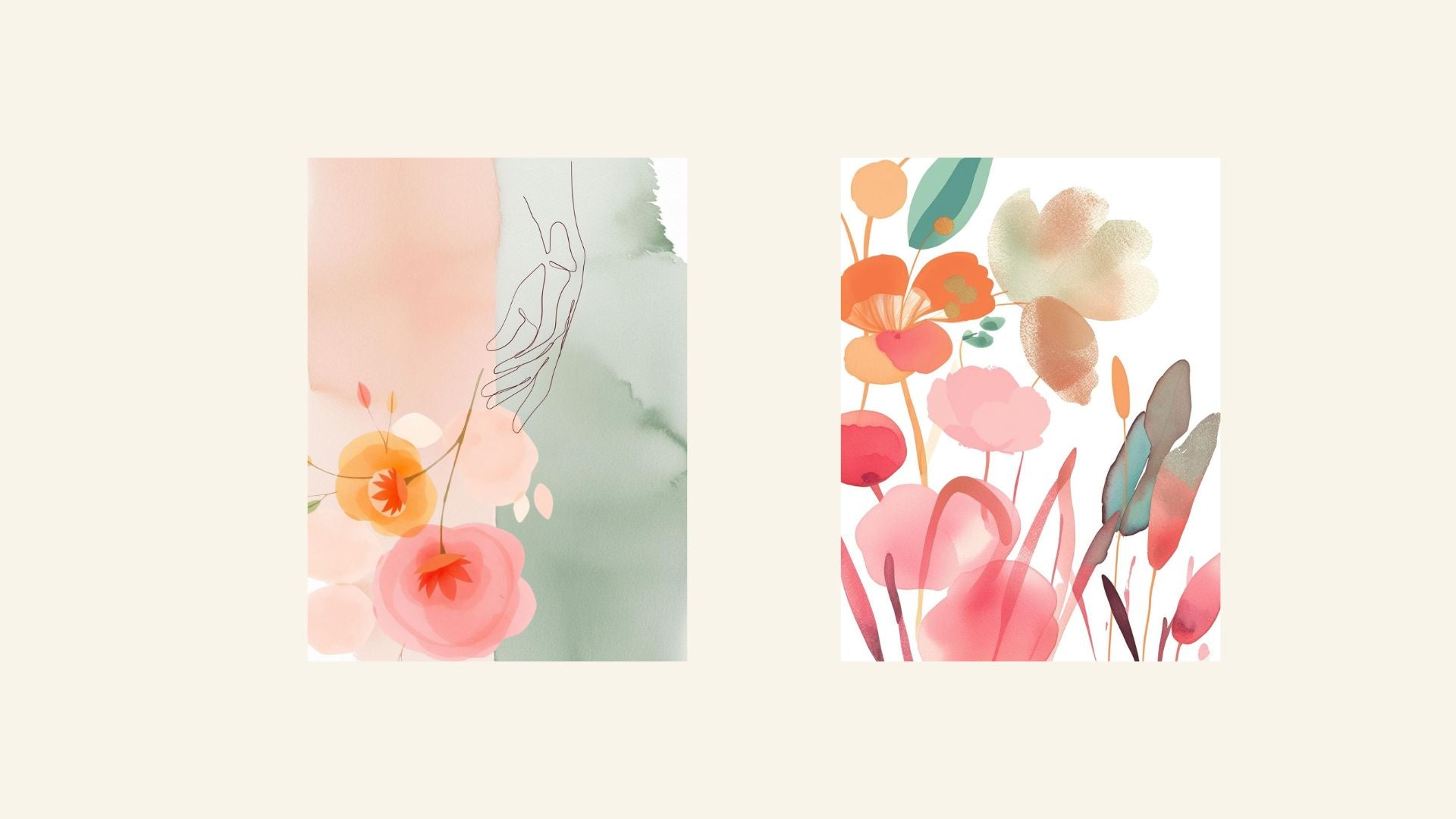 Abstract Watercolor-like Floral Diptych Wall Art Set (2 framed prints) in bright pink, orange, and sage green. Perfect Botanical and Bohemian Art For Bedroom Decor.