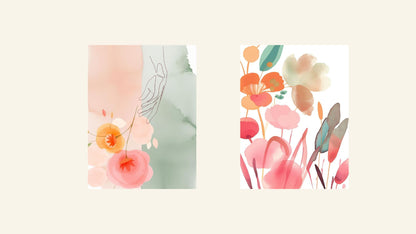Abstract Watercolor-like Floral Diptych Wall Art Set (2 framed prints) in bright pink, orange, and sage green. Perfect Botanical and Bohemian Art For Bedroom Decor.