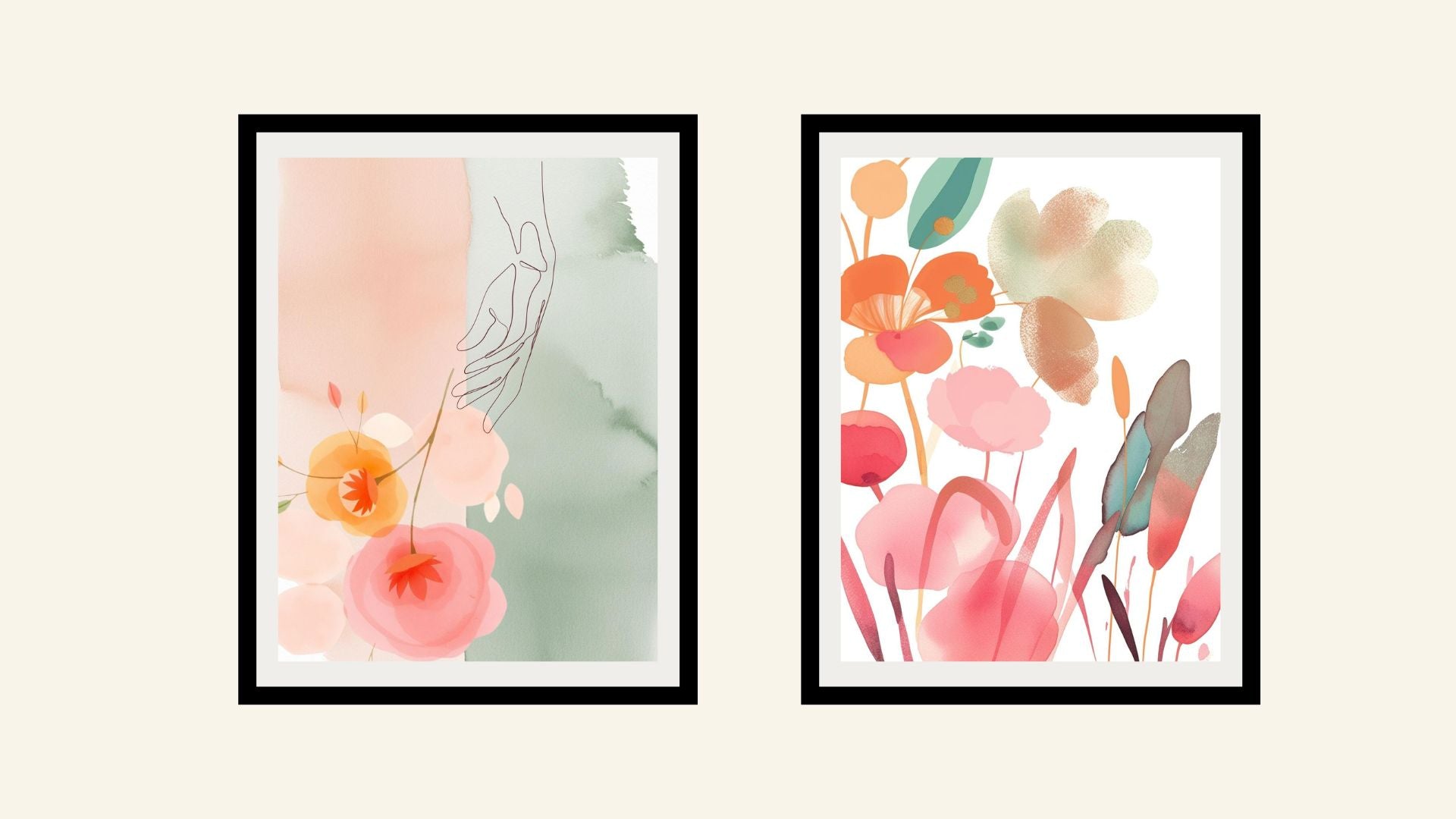 Abstract Watercolor-like Floral Diptych Wall Art Set (2 framed prints) in bright pink, orange, and sage green. Perfect Botanical and Bohemian Frames For Bedroom Decor.