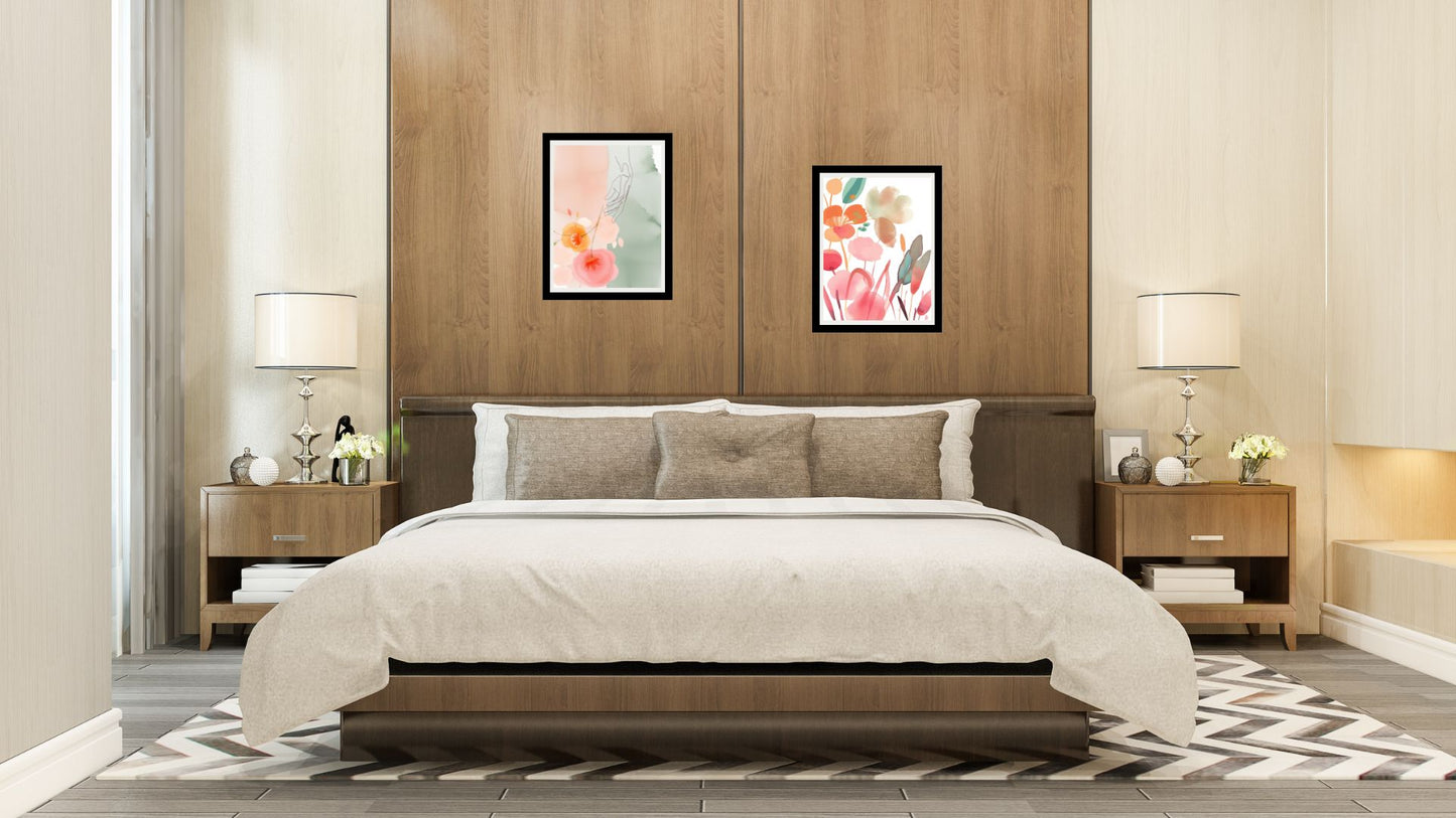 Abstract Watercolor-like Floral Diptych Wall Art Set (2 framed prints) in bright pink, orange, and sage green. Perfect Botanical and Bohemian Bedroom Decor over a wooden headboard.