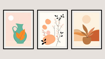Minimalist Boho Triptych Wall Art Set (3 prints) featuring abstract pots, a turquoise jug, and botanical shapes in warm earth tones. Ideal Frames For Bedroom Decor.