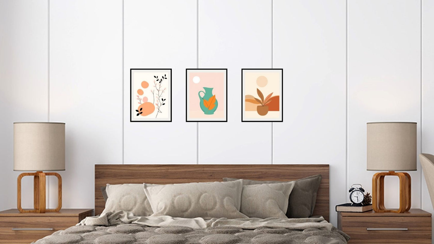 Minimalist Boho Triptych Wall Art Set (3 prints) featuring abstract pots, a turquoise jug, and botanical shapes in warm earth tones. Ideal Bedroom Decor over a wooden headboard.