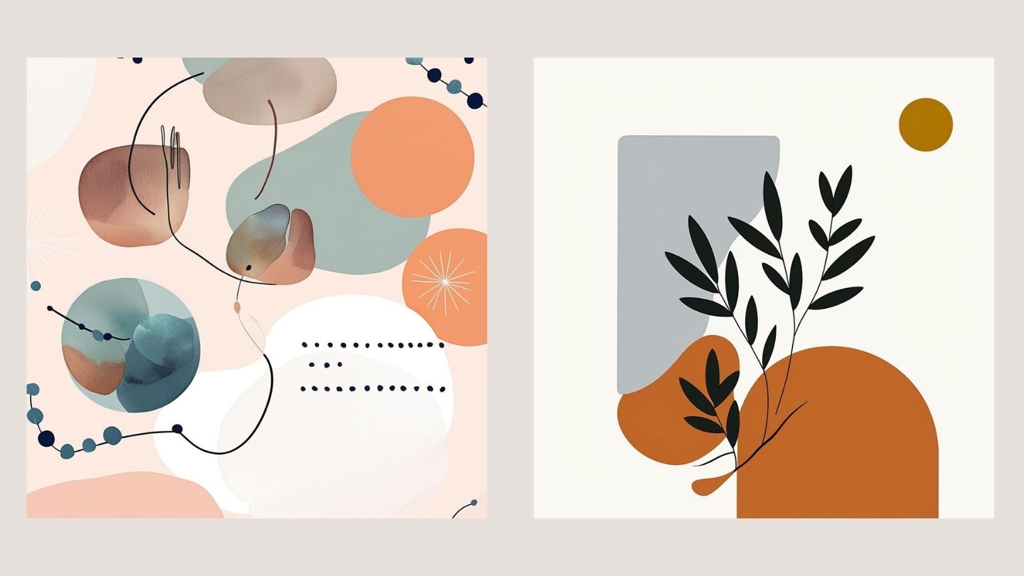 A diptych of two contemporary abstract artworks in a cohesive palette of burnt orange, dusty blue-gray, and peach. The left piece features overlapping watercolor-like organic shapes, delicate black lines, and dots on a pale pink background. The right piece features solid, flat shapes and a silhouette of a dark green botanical branch against a pale background with a burnt orange sun, by wall and more