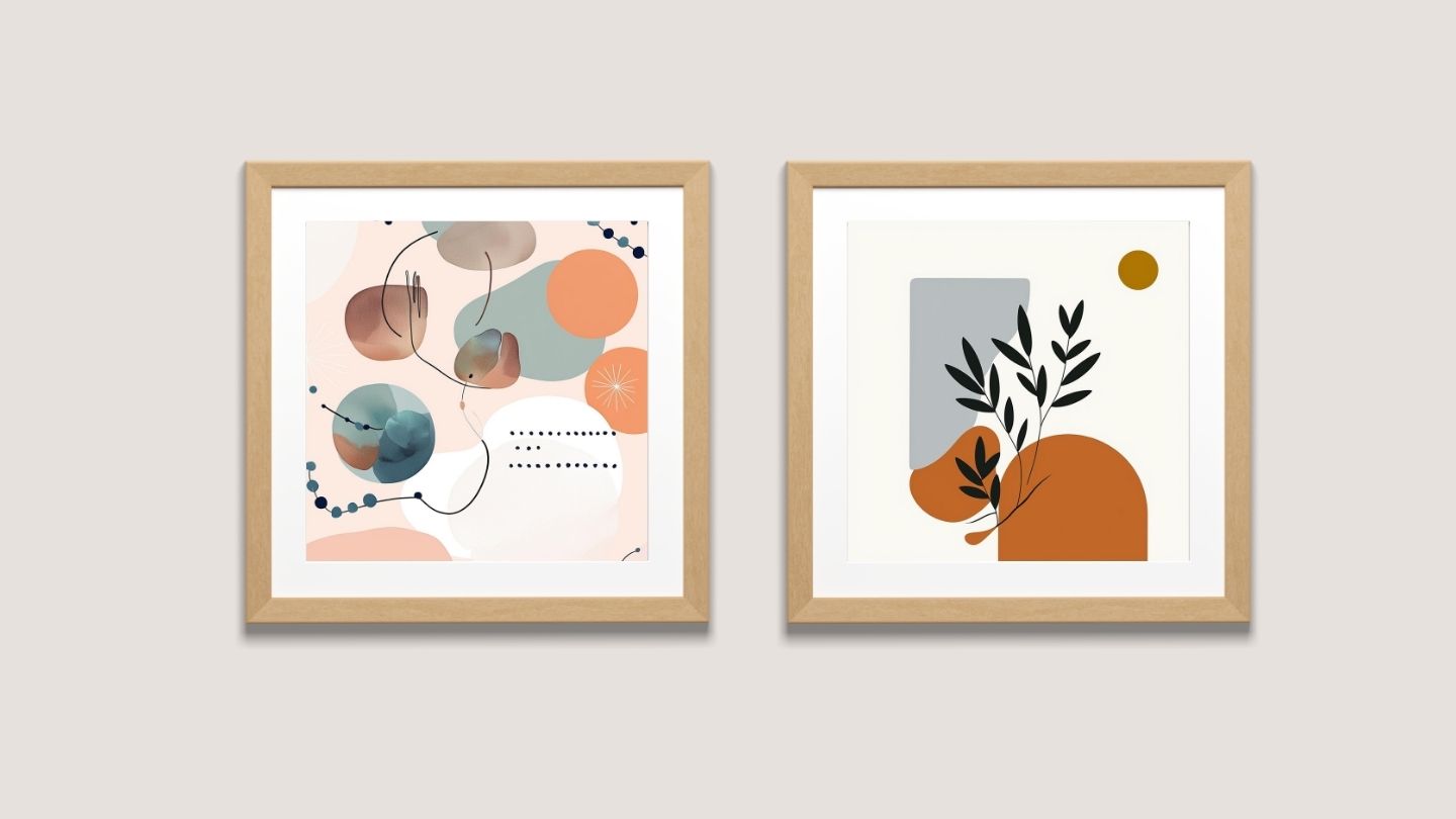 A diptych of two contemporary abstract artworks in a cohesive palette of burnt orange, dusty blue-gray, and peach. The left piece features overlapping watercolor-like organic shapes, delicate black lines, and dots on a pale pink background. The right piece features solid, flat shapes and a silhouette of a dark green botanical branch against a pale background with a burnt orange sun, by wall and more
