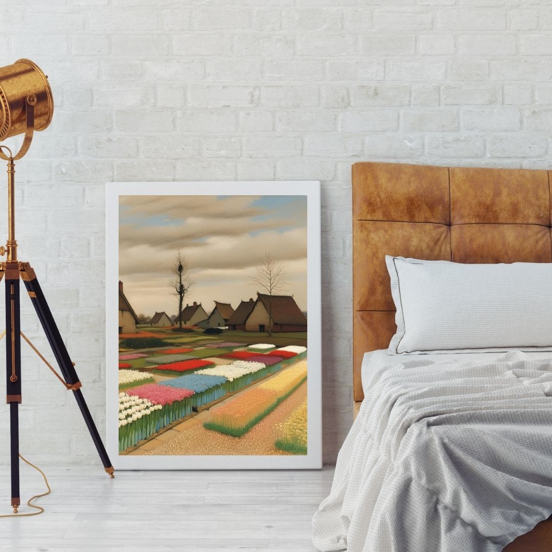 Vertical framed Tulip Field Landscape Print in Contemporary Realism style, showing rows of colorful flowers and houses under a cloudy sky. Ideal Bedroom Decor or Farmhouse theme.