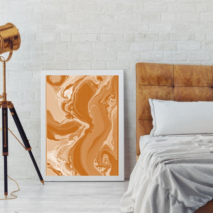 Vertical framed Abstract Fluid Wall Art Print featuring swirling organic waves in Terracotta, beige, and white. Pour Painting style, ideal Bedroom Decor or Bohemian accent.