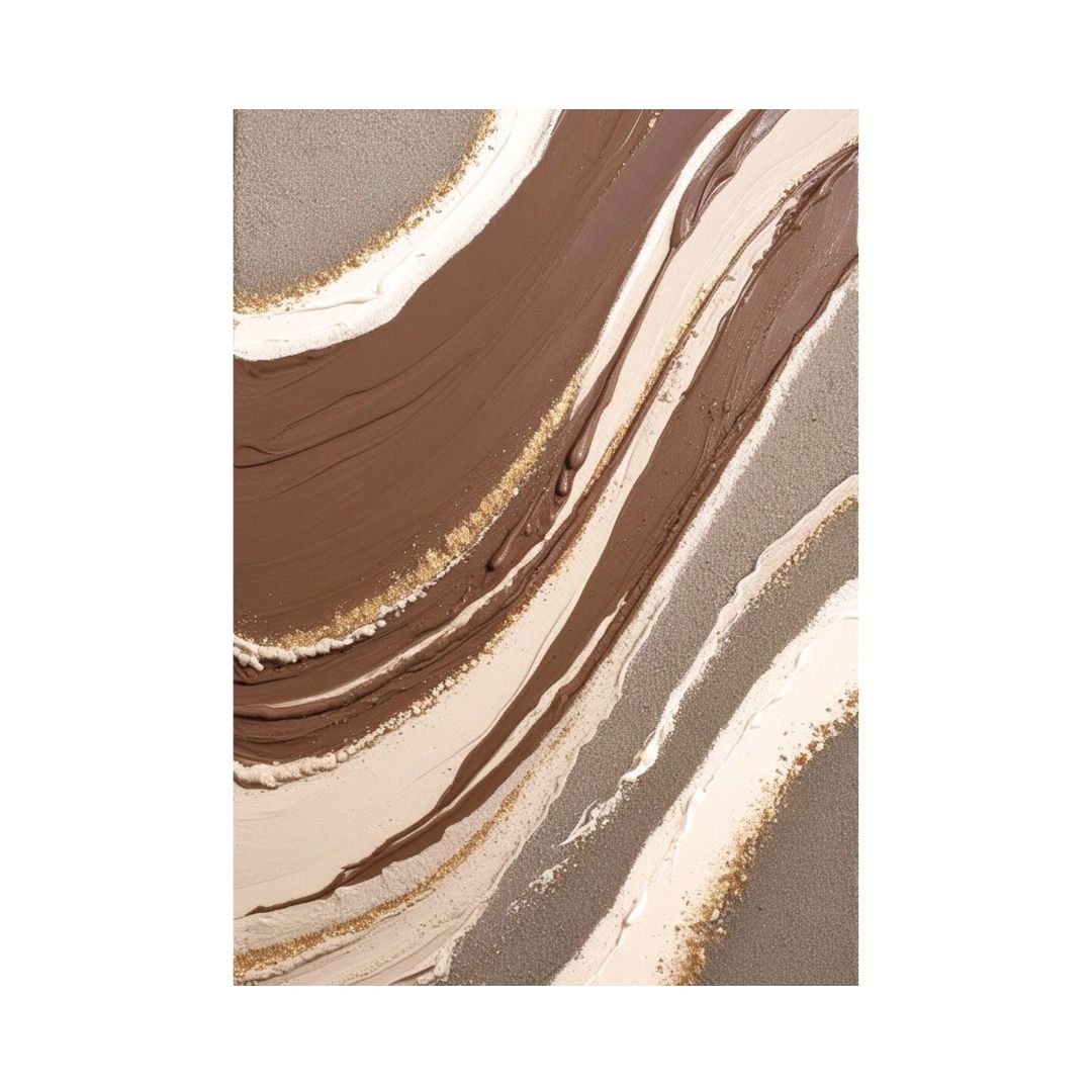 Vertical Abstract Marble Fluid Art print featuring flowing waves in chocolate brown, beige, white, and gold glitter accents. Ideal Modern Bedroom Decor or Bohemian accent.