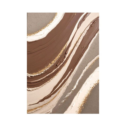 Vertical Abstract Marble Fluid Art print featuring flowing waves in chocolate brown, beige, white, and gold glitter accents. Ideal Modern Bedroom Decor or Bohemian accent.