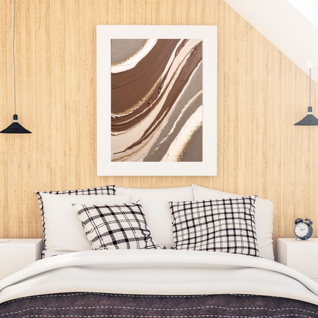 Vertical framed Abstract Marble Fluid Art print featuring flowing waves in chocolate brown, beige, white, and gold glitter accents. Ideal Modern Bedroom Decor or Bohemian accent.