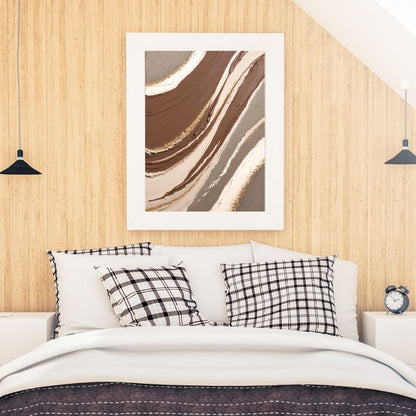 Vertical framed Abstract Marble Fluid Art print featuring flowing waves in chocolate brown, beige, white, and gold glitter accents. Ideal Modern Bedroom Decor or Bohemian accent.