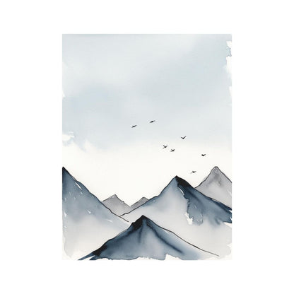 Vertical Minimalist Watercolor-like Landscape Print of blue and indigo mountain peaks under a soft sky. Ideal Scandinavian or Bohemian Bedroom Decor accent.