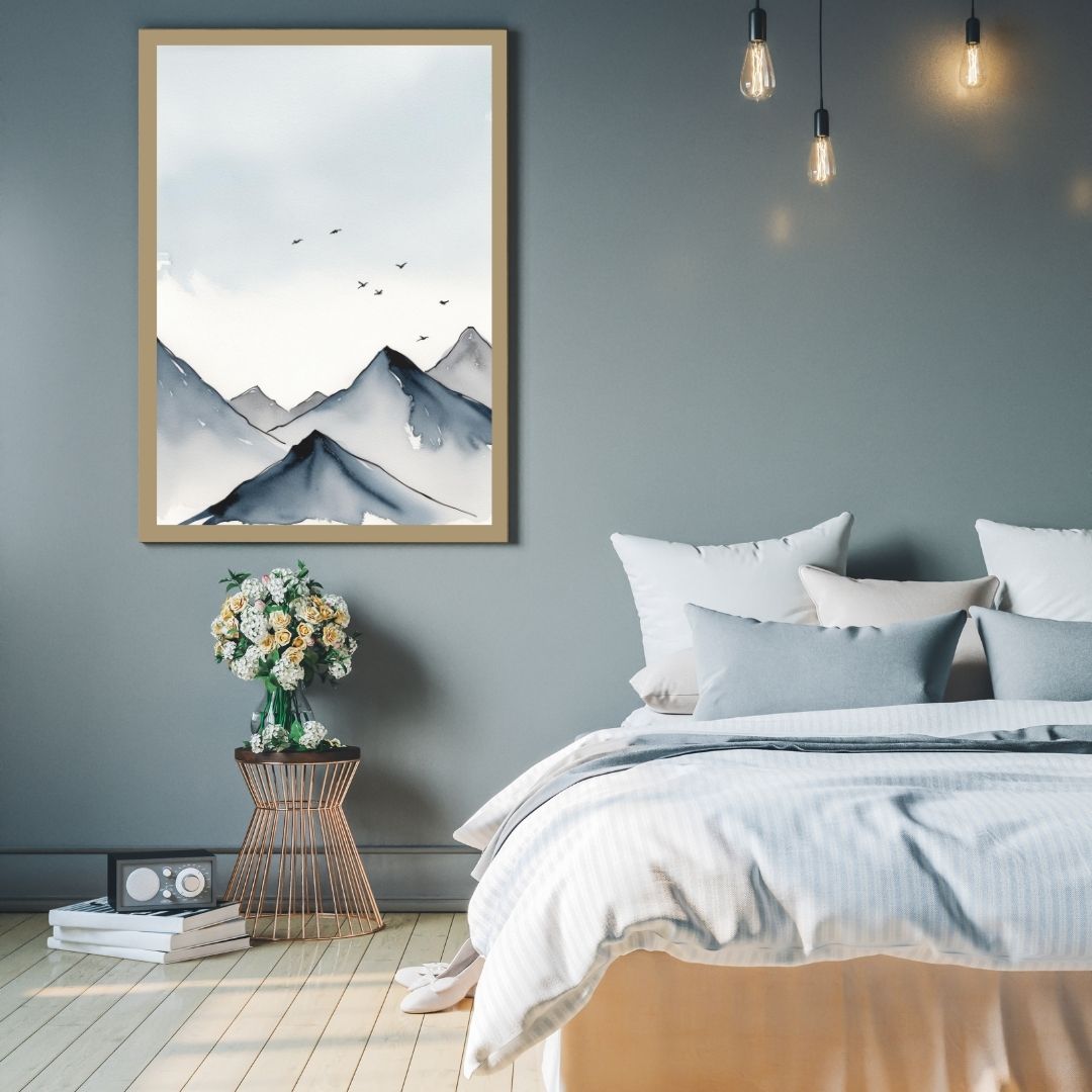 Vertical framed Minimalist Watercolor-like Landscape Print of blue and indigo mountain peaks under a soft sky. Ideal Scandinavian or Bohemian Bedroom Decor accent.