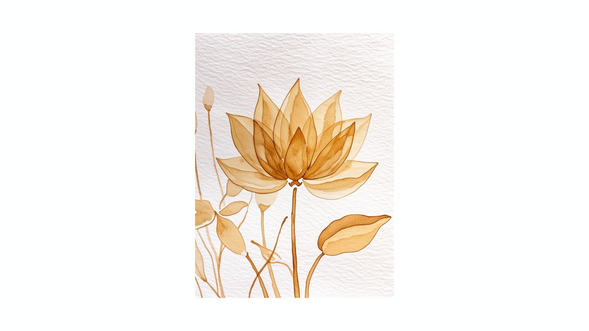 Vertical Minimalist Botanical Illustration Print of a sheer, golden Lotus Flower with thin stems. Ideal Bohemian or Spa-Themed Bedroom Decor and Meditation rooms.