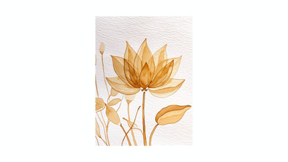 Vertical Minimalist Botanical Illustration Print of a sheer, golden Lotus Flower with thin stems. Ideal Bohemian or Spa-Themed Bedroom Decor and Meditation rooms.