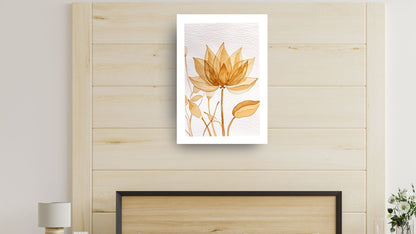 Vertical Framed Minimalist Botanical Illustration Print of a sheer, golden Lotus Flower with thin stems. Ideal Bohemian or Spa-Themed Bedroom Decor and Meditation rooms.