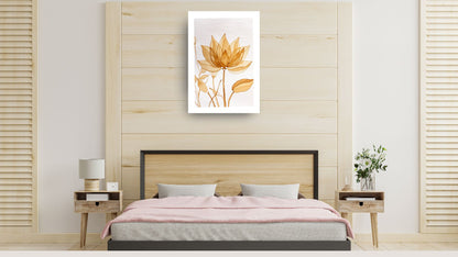 Vertical framed Minimalist Botanical Illustration Print of a sheer, golden Lotus Flower with thin stems. Ideal Bohemian or Spa-Themed Bedroom Decor and Meditation rooms.