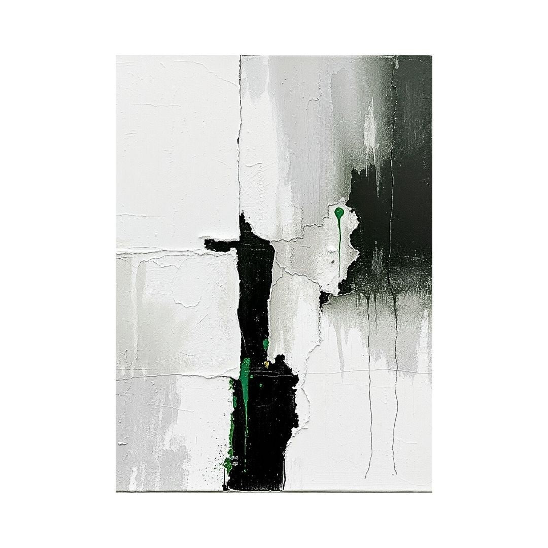 Vertical Abstract Expressionism Wall Art print in black, white, and shades of gray/green, inspired by Tachisme. Ideal Minimalist Bedroom Decor or Contemporary Living Room accent.