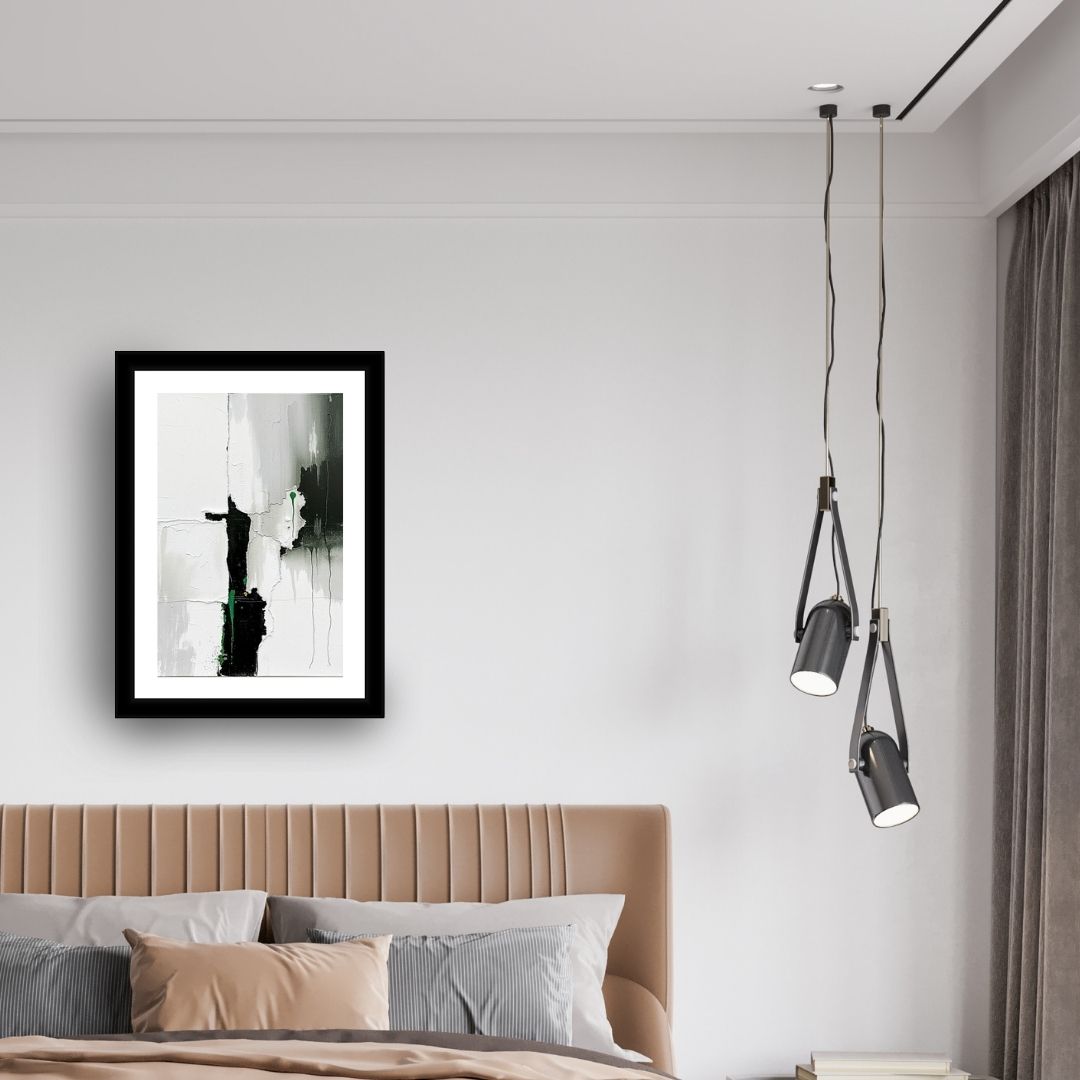 Vertical framed Abstract Expressionism Wall Art print in black, white, and shades of gray/green, inspired by Tachisme. Ideal Minimalist Bedroom Decor or Contemporary Living Room accent.