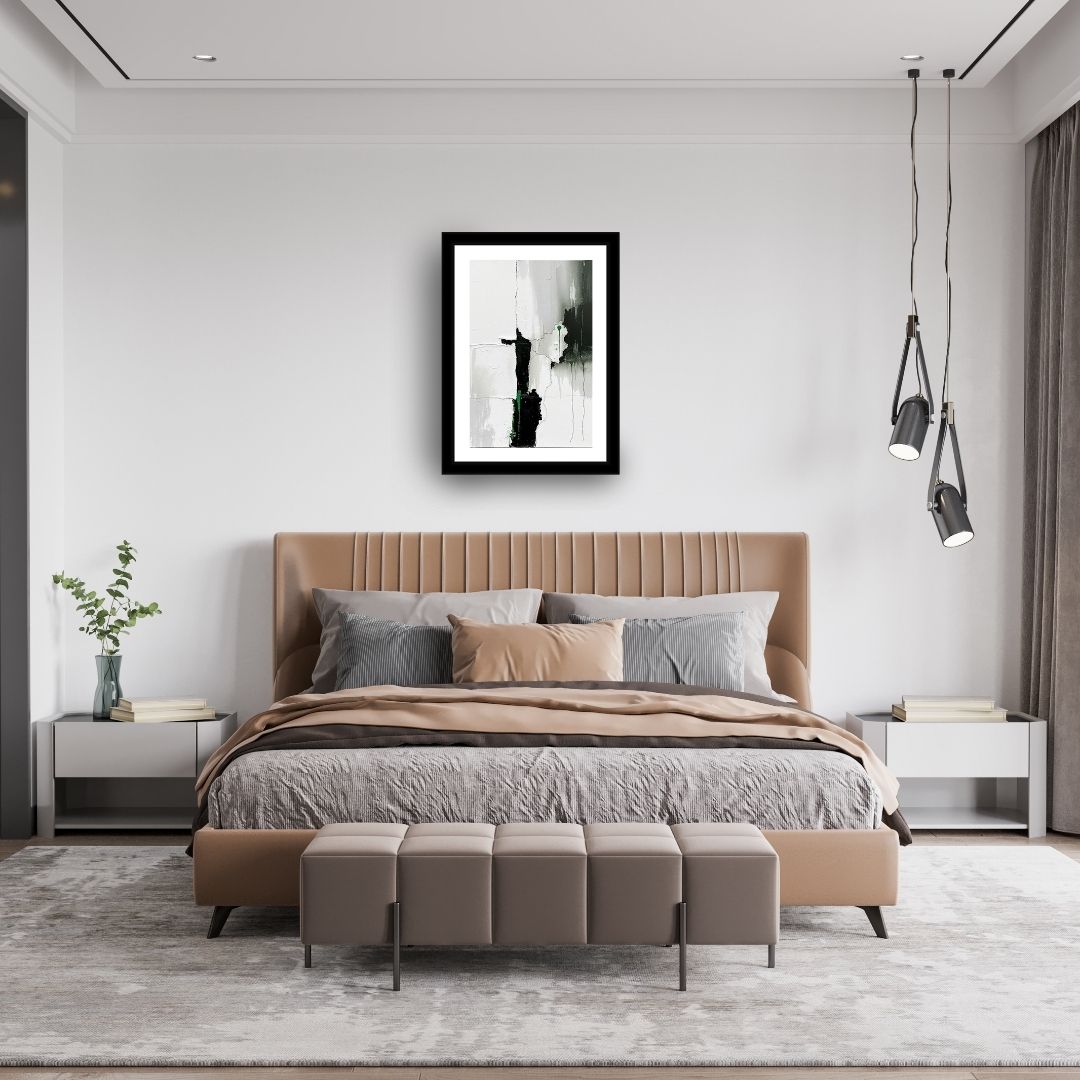 Vertical framed Abstract Expressionism Wall Art print in black, white, and shades of gray/green, inspired by Tachisme. Ideal Minimalist Bedroom Decor or Contemporary Living Room accent.