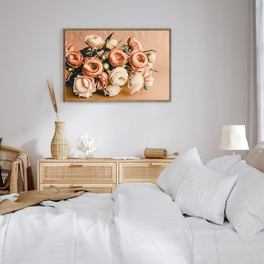 Horizontal framed Modern Botanical Wall Art print featuring a lush bouquet of delicate Pink and Peach Flowers (Ranunculus/Peonies) on a subtle beige background. Ideal Bedroom Decor or Feminine Living Room accent.