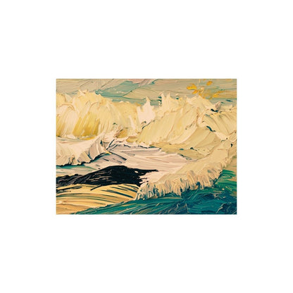 Horizontal Impasto-like Expressionist Wall Art painting featuring thick, textured Ocean Waves in cream, yellow, and deep teal. Ideal Coastal Bedroom Decor or Modern Abstract accent