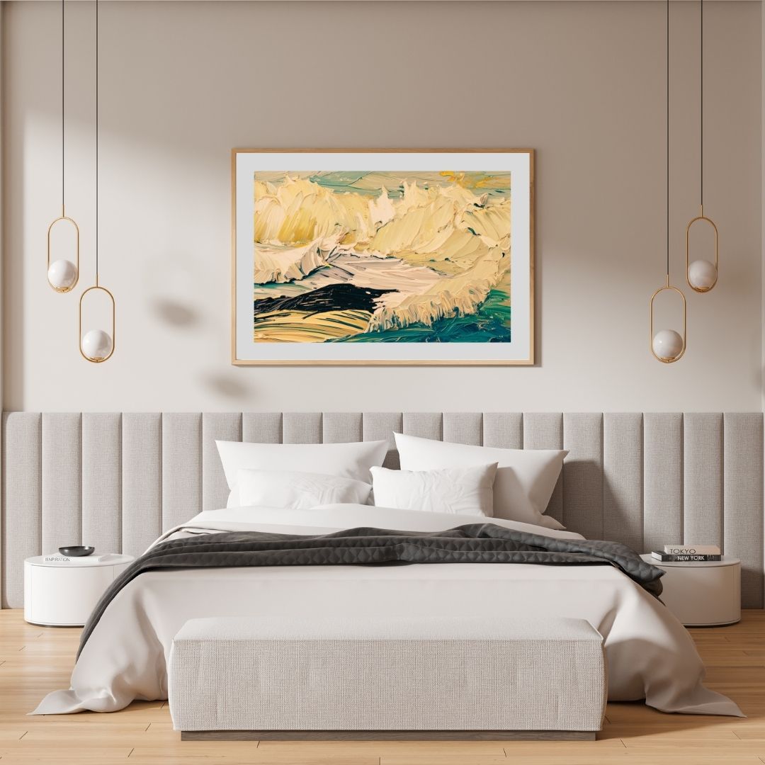 Horizontal framed Impasto-like Expressionist Wall Art painting featuring thick, textured Ocean Waves in cream, yellow, and deep teal. Ideal Coastal Bedroom Decor or Modern Abstract accent
